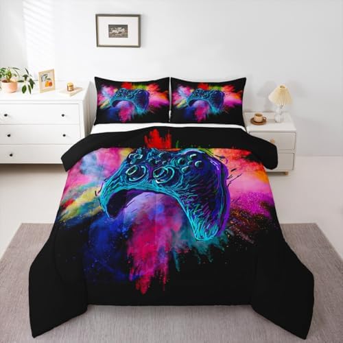Erosebridal Boys Gaming Bed Comforter Set King Size,Kids Gamer Bedding Sets Girls,Colorful Tie Dye Video Game Quilt Comforter Navy Blue Gamepad Lightweight Bedding Set 1 Comforter with 2 Pillowcases