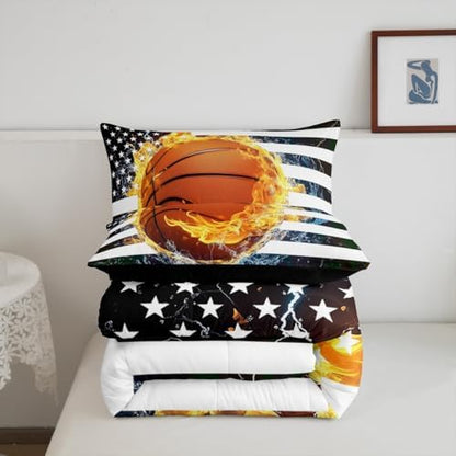 Erosebridal Basketball Comforter Set, Camouflage Bedding Set Twin for Kids Boys Teens, American Flag Quilted Duvet Sports Games and Camo Down Comforter, Decorative 2 Piece with 1 Pillow Case, Grey