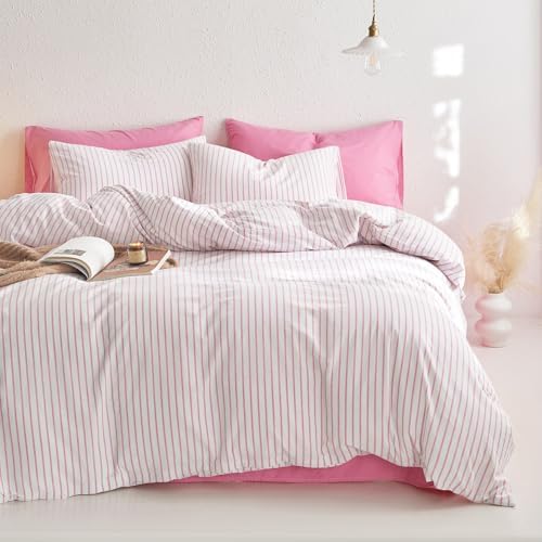 Wake In Cloud Striped Cotton Duvet Cover Set, Pink White, King