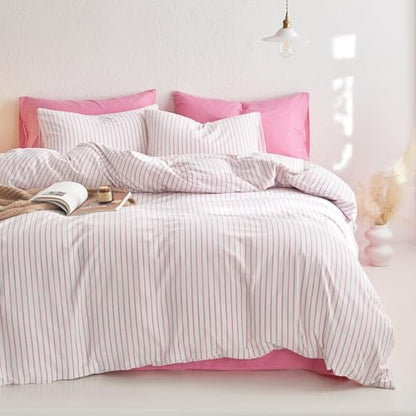Wake In Cloud Striped Cotton Duvet Cover Set, Pink White, Full