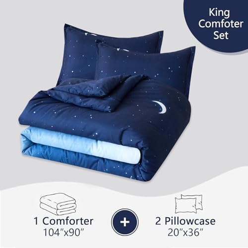 Caressma Blue Starry Sky Comforter Set Moon Galaxy King Size 3 Pieces