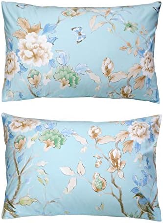 FADFAY Floral Bedding Shabby Blue Bird Print Bed Sheet Set Luxury Bedding Collections 800 Thread Count 100% Egyptian Cotton Deep Pocket, 4 Piece-Queen Size