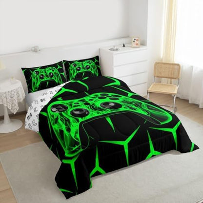 Feelyou Gamer Bedding Set Gamepad Comforter Set for Kids Boys Girls Teens Room Decor Gaming Gifts Comforter Queen Size Game Controller Green Duvet Set 3Pcs