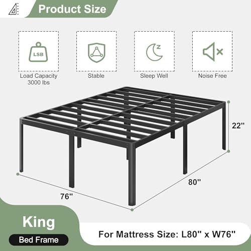 Lutown-Teen 22 Inch High King Bed Frame with Rounded Corner Legs, Sturdy Mattress Foundation, Heavy Duty Metal King Size Platform No Box Spring Needed, Noise Free, Easy Assembly, Black