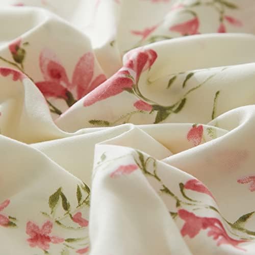 mixinni Boho Red Floral Girl Duvet Cover Set, Soft Cotton Twin Size 3-Piece Aesthetic Floral Bedding Set, 1 Chic Flower Leaf Pattern Duvet Cover and 2 Pillowcases for All Seasons-Twin Size