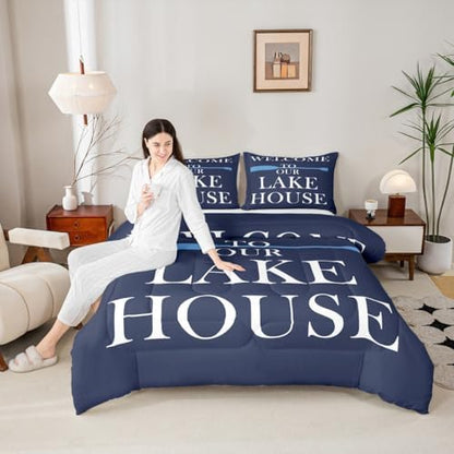 Lake House Comforter Set King Size, Blue Paddle Lake Camper Bedding Set 3pcs, Rustic Farmhouse Lake Life Navy Blue Down Comforter for All Season, Kids Boy Girl Room Decor, 2 Pillowcases, No Sheets