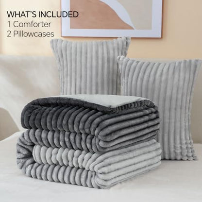 BEDELITE Fleece King Comforter Set, Fluffy Bed Set, Grey Ombre