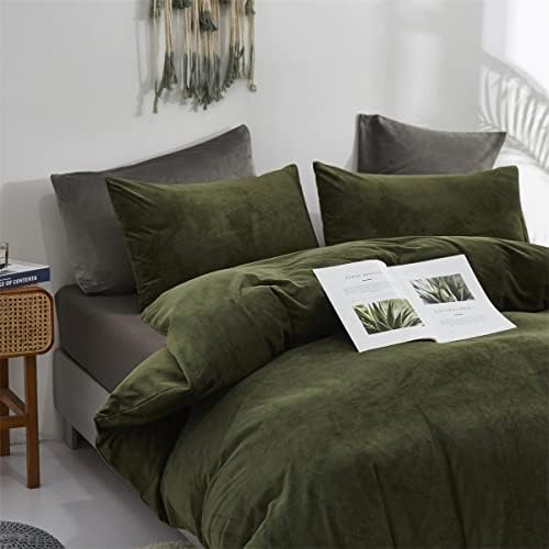 Wellboo Army Green Velvet Comforter Sets Full Solid Olive Fluffy Bedding
