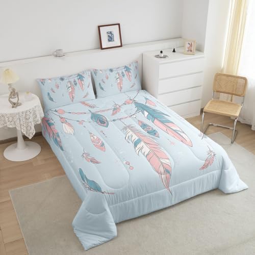 Homewish Blue Pink Feathers Full Size Comforter Set,Bohemian Style Bedding Set for Adults Teens,Children Tribe Exotic Comforter Luxury Dreamcatcher Quilt Set Room Decor 3Pcs