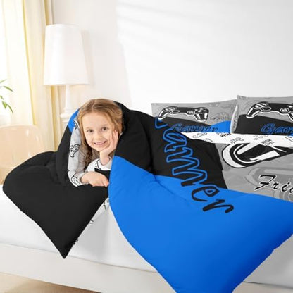 Feelyou Gaming Comforter for Boys Teen Video Game Bedding Set for Kids Gamer Comforter for All Season Gamepad Home Decor for Comforter Set Toddler Size,1 Comforter with 1 Pillowcase Blue Black Grey