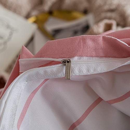 Pink Comforter Cover Queen Size Girls White Stripe Decor Bedding Set, Simple Fashion Style Duvet Cover, Soft Microfiber Reversible Bedspread, 3 Pieces Kids Boys Women Modern Quilt Cover, No Comforter