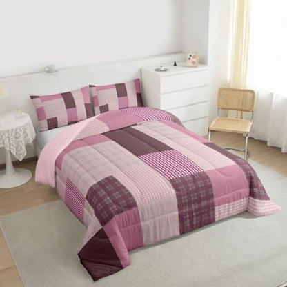 jejeloiu Plaid Bedding Set Soft for Boys Girls, Patchwork Comforter Set King Size Check Checkered Duvet Quilt Microfiber Grid Geometric Bedroom Decor 3 Pcs with 2 Pillow Cases