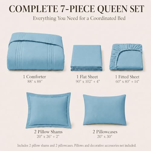 CozyLux Queen Comforter Set Aqua Blue - 7 Pieces Bed in a Bag