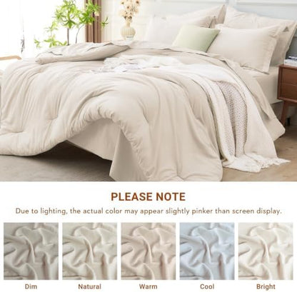 MUXHOMO 7 Pieces Oversized King Comforter Set, Soft Bed in a Bag Oversized King Size, All Season Bedding Set with Comforter, Flat Sheet, Fitted Sheet, Pillowcases & Shams, Beige