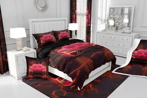 Feelyou Kids Boys Race Car Bedding Set Queen Size,Red Black Racing Car Comforter Set,Boys Car Theme Bedroom Room Decor,Extreme Sports Car Comforter,Geometric Hexagon Cool Car Bed Set for All Season