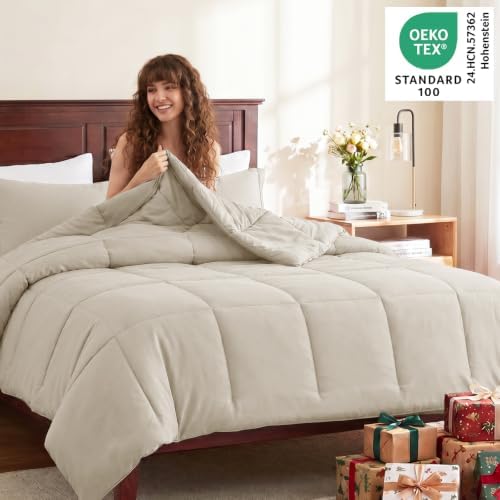 CozyLux Queen Size Comforter Set, 3-Piece Box-Stitched, Beige