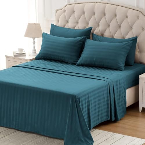 SLEEP ZONE Striped Cooling Twin Sheets Set for Kids - Fitted Flat Sheet & Pillowcase Sets 3 Piece - Super Soft Stripe Bed Sheet, Easy Care, Deep Pocket (Teal, Twin)