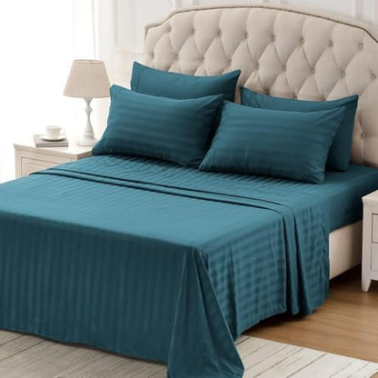 SLEEP ZONE Striped Cooling Twin Sheets Set for Kids - Fitted Flat Sheet & Pillowcase Sets 3 Piece - Super Soft Stripe Bed Sheet, Easy Care, Deep Pocket (Teal, Twin)
