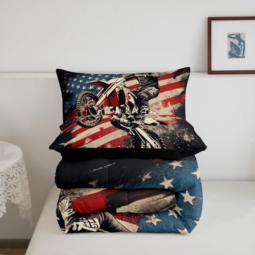 Feelyou Racing Motocross Rider Bedding Set Kids Boys Girls Queen Size Dirt Bike Comforter Set Teen Adult Ultra Soft Flag Pattern Comforter Extreme Sports Duvet Quilt Motorcycle Racer Quilt
