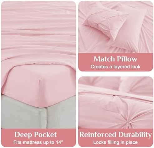 JOLLYVOGUE King Size Comforter Set 7 Pieces - Bed in a Bag King for All Season, Pintuck Bedding Comforter Sets with Comforter, Flat Sheet, Fitted Sheet and Pillowcases & Shams, Baby Pink