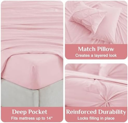 JOLLYVOGUE King Size Comforter Set 7 Pieces - Bed in a Bag King for All Season, Pintuck Bedding Comforter Sets with Comforter, Flat Sheet, Fitted Sheet and Pillowcases & Shams, Baby Pink