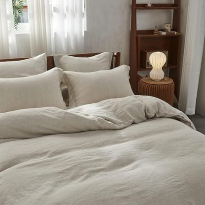 Simple&Opulence 100% Linen Duvet Cover Set with Embroidery Border Washed - 3 Pieces (1 Duvet Cover with 2 Pillow Shams) with Button Closure Soft Breathable Farmhouse - Linen, Queen Size