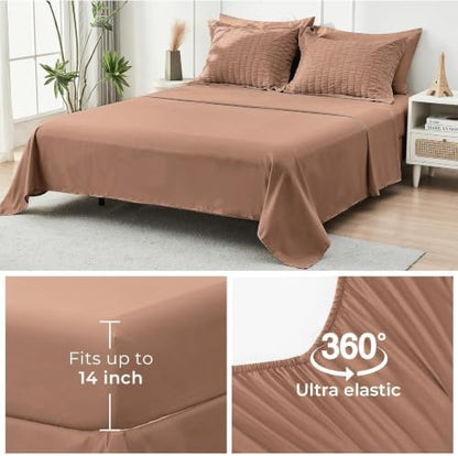 HYMOKEGE Mocha Brown Twin XL Comforter Set Seersucker 5 Pieces, All Season Luxury Bed in a Bag for Bedroom, Bedding Set with Comforter, Sheets, Pillowcase & Sham