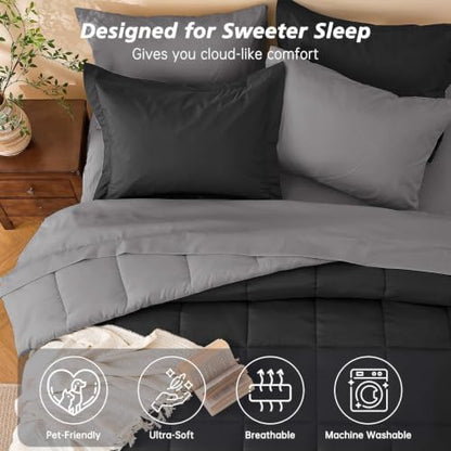 Queen Comforter Set with Sheets - 7 Pieces Bed in a Bag Black Bedding Sets