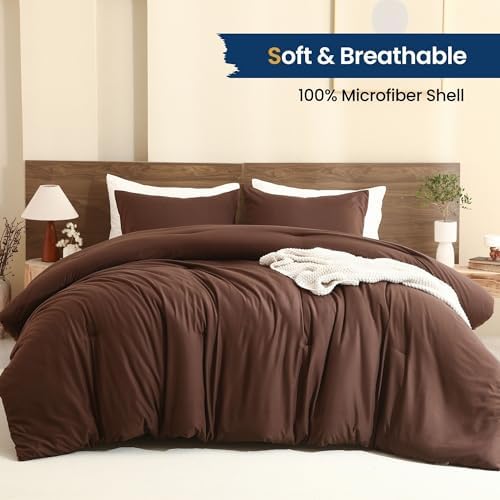 Paxrac Earthy Brown Comforter Full Size, Neutral 3 Pieces Comforter Set, Lightweight Solid Bedding Set, All Seasons Soft Fluffy Full Comforter Set (80x90In Comforter & 2 Pillowcases)