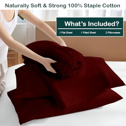 NON Sticky cotton Full 4 Piece Sheet Set, 100% Long Staple Cotton, Soft Cooling Hotel Luxury Bedding Sheets, Deep Pocket Fits 10" to 18" Mattress, 54" x 75", Burgundy Stripe