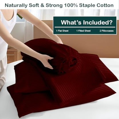 NON Sticky cotton Full 4 Piece Sheet Set, 100% Long Staple Cotton, Soft Cooling Hotel Luxury Bedding Sheets, Deep Pocket Fits 10" to 18" Mattress, 54" x 75", Burgundy Stripe