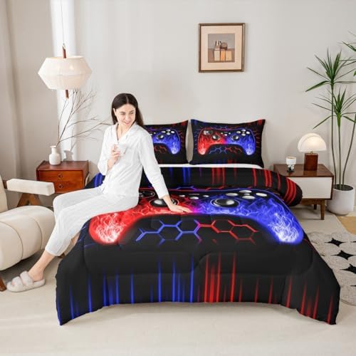 Erosebridal Honeycomb Gamer Kids Comforter Set Red Blue Neon Lights Game Consoles King Bedding Set Ombre Art Geometry Hexagon Beehive Duvet Set Gaming Decor for Boys Bedroom Decor