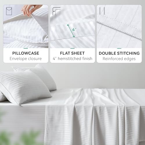 Cooling Sheets Set Cal King Size, Viscose Derived from Bamboo for Hot Sleepers, Double Stitching, Deep Pocket to 16 Inch, Silky Soft and Breathable Bedding, 4PC (Cal King, Jacquard White)