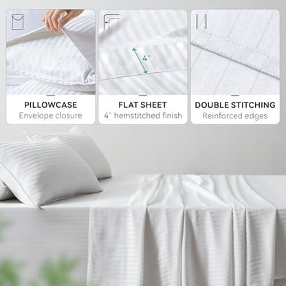 Cooling Sheets Set Cal King Size, Viscose Derived from Bamboo for Hot Sleepers, Double Stitching, Deep Pocket to 16 Inch, Silky Soft and Breathable Bedding, 4PC (Cal King, Jacquard White)