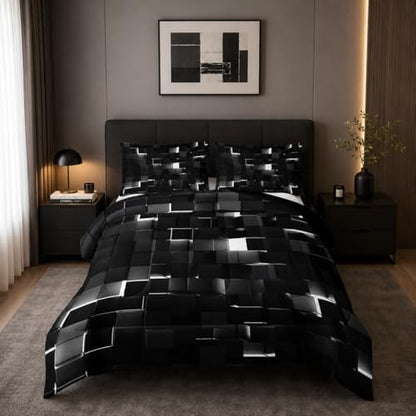 Nttopship Neon White Black Comforter Set Full Geometric Kids Bedding Set,3 PCS Geometry Honeycomb Bed Set Modern Quilt Set 1 Comforter 2 Pillow Cases Cool Room Decor All Season B-Side Black