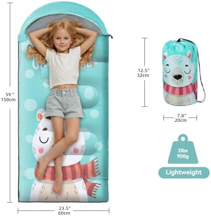 Sleeping Bag for Kids,Portable Camping Sleeping Bags for Boys&Girls with Cute Cartoon Print,Lightweight Waterproof Compact Sleeping Bag for Indoor Outdoor Hiking Travel
