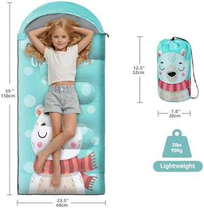 Sleeping Bag for Kids,Portable Camping Sleeping Bags for Boys&Girls with Cute Cartoon Print,Lightweight Waterproof Compact Sleeping Bag for Indoor Outdoor Hiking Travel