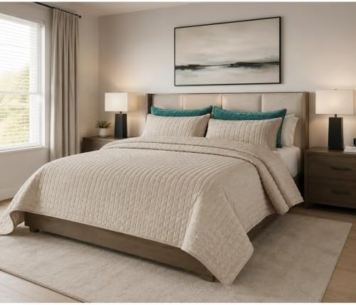 Quilt Set Oversized King Size 120x120 Luxurious Velvet Bedding Sets with 2 Pillow Shams 20x36 3 Pieces Ultra Soft Quilted Bedspread Coverlet Comforter for All Season,Beige