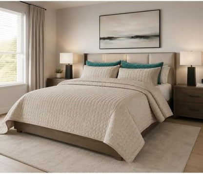Quilt Set Oversized King Size 120x120 Luxurious Velvet Bedding Sets with 2 Pillow Shams 20x36 3 Pieces Ultra Soft Quilted Bedspread Coverlet Comforter for All Season,Beige
