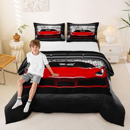 Feelyou Boys Red Race Car Comforter Set Toddler Size Red Luxury Car Bedding Set for Kids Boys Girls Extreme Sports Duvet Quilt Fast and Furious Bedroom Decor 2 Pcs with 1 Pillow Cases