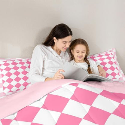 Feelyou Checkered Geometric Kids Comforter Set Toddler Size Pink Plaid Bedding Set Checkerboard Modern Aesthetic Duvet Quilt for Kids Boys Girls Bedroom Reversible Pink Decor