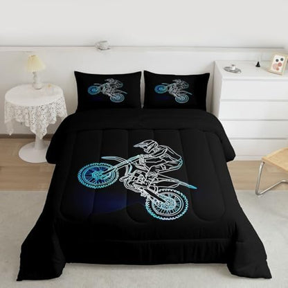 Feelyou Neon Blue Dirt Bike Comforter Set Off-Road Sport Bedding Set with 2 Pillow Cases Neon Line Design Kids Queen Outdoor Sports Room Decor Motocross Art Duvet Quilt Breathable Soft Lightweight