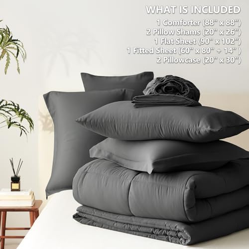 CozyLux Queen Comforter Set, 7-Piece Bed in a Bag, Dark Grey