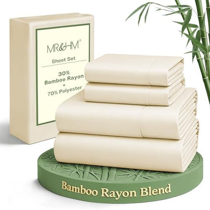 MR&HM Queen Sheets 4 Pieces, Rayon Derived from Bamboo Blend, Cream