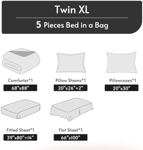 MUXHOMO 5 Pieces Twin XL Comforter Set, Reversible Bed in a Bag Twin XL Size, All Season Bedding Set with Comforter, Flat Sheet, Fitted Sheet, Pillowcases & Shams, Khaki & Linen