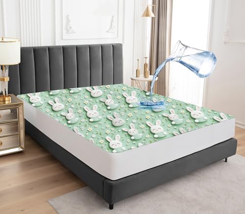 Sufdari Queen Mattress Protector,Waterproof Mattress Protector,Fitted Sheet Style Mattress Cover with 18" Deep Pocket,Washable and Comfortable-Rabbit,Queen