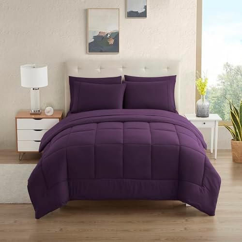 California King Comforter Set - Soft & Breathable 7-Piece Bedding Collection - 1 Comforter, 1 Fitted Sheet, 1 Flat, 4 Pillowcases - Deep Pocket - Premium Quality - Ideal for All Seasons, Purple