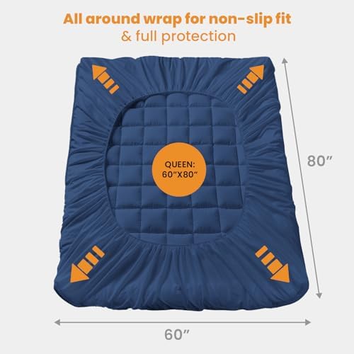 MATBEBY Queen Size Mattress Pad - Cooling Breathable Mattress Topper, Quilted Fitted Mattress Protector, Pillow Top Mattress Cover with 8-21" Deep Pocket, Machine Washable, Navy Blue, 60x80 Inches