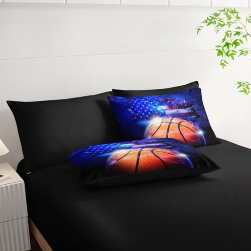 7pcs Sports Comforter Set 3D Basketball Printed Bedding Set with 1 Comforter, 1 Flat Sheet, 1 Fitted Sheet and 4 Pillowcases for Boys and Girls Bedroom (Basketball King