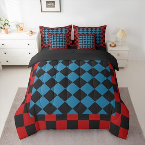 Feelyou Checkered Retro Twin Comforter Set with Sheets for Kids Boys Girls Red Blue Black Plaid 7 Pieces Bedding Set Geometric Vintage Bed in a Bag Modern Simple Groovy Aesthetic Room Decor Soft